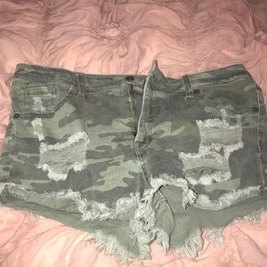 Camo high rise jean shorts